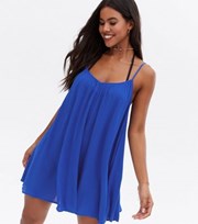 New Look Bright Blue Crinkle Strappy Cut Out Mini Swing Beach Dress